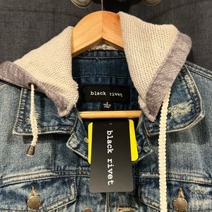 $20 Black Rivet Women Jacket small Blue Denim Crop Distressed Hooded Sweatshirt